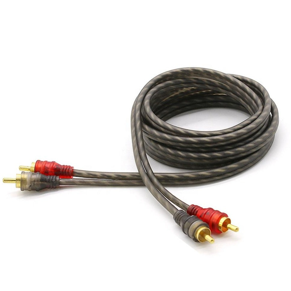 Lymal Audio LT-RCA10 10-inch Signal RCA Cables designed for amplifiers, showcasing durable connectors and flexible design.